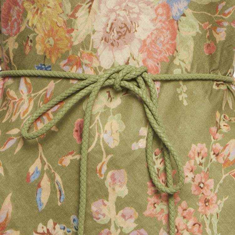 Pre Owned Zimmermann Green/Multicolor Floral Print Linen Belted Mini Dress M
