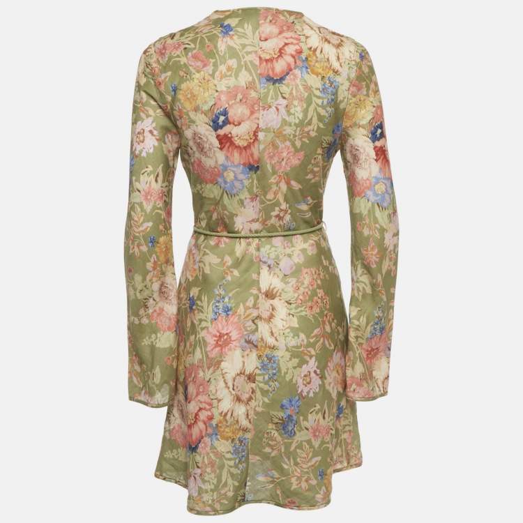 Pre Owned Zimmermann Green/Multicolor Floral Print Linen Belted Mini Dress M