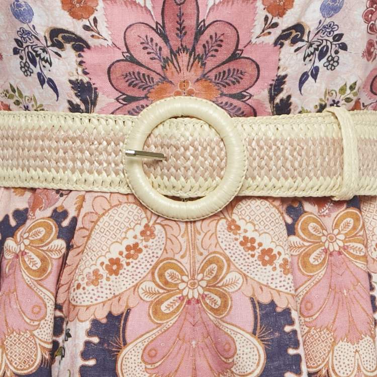 Pre Owned Zimmermann Pink Floral Print Linen Belted Laurel Mini Dress S 