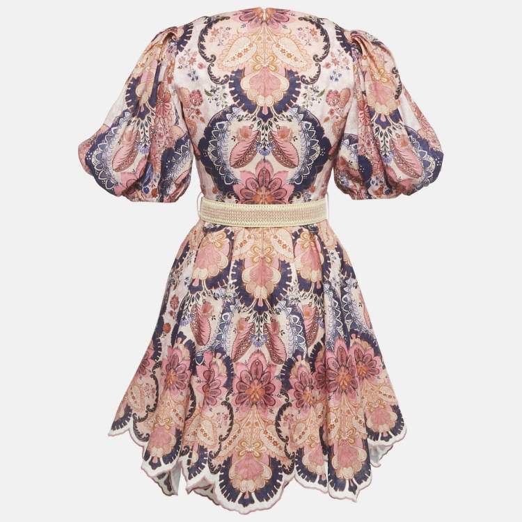 Pre Owned Zimmermann Pink Floral Print Linen Belted Laurel Mini Dress S 