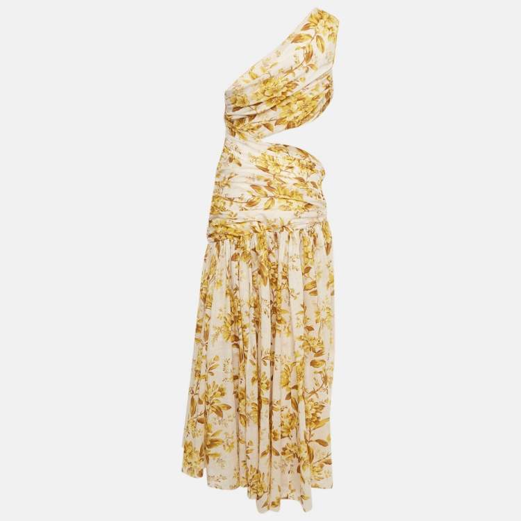 Pre Owned Zimmermann Yellow Floral Print Cotton One-Shoulder Asymmetric Dress M