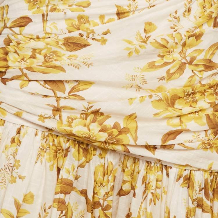 Pre Owned Zimmermann Yellow Floral Print Cotton One-Shoulder Asymmetric Dress M