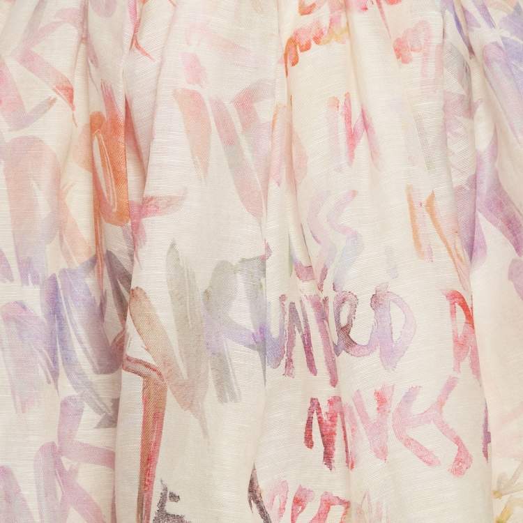 Pre Owned Zimmermann Cream/Multicolor Logo Print Linen and Silk Flared Mini Skirt M