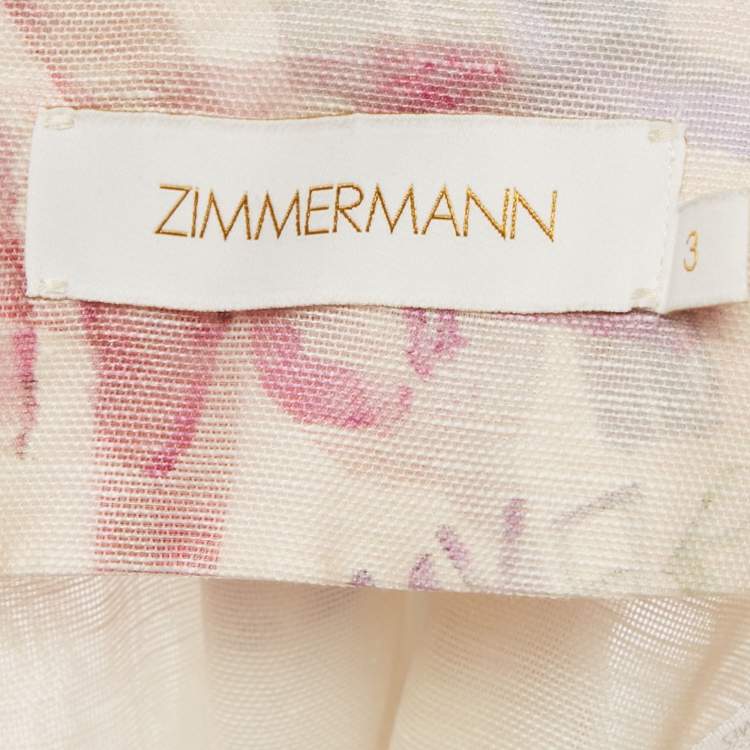 Pre Owned Zimmermann Cream/Multicolor Logo Print Linen and Silk Flared Mini Skirt M