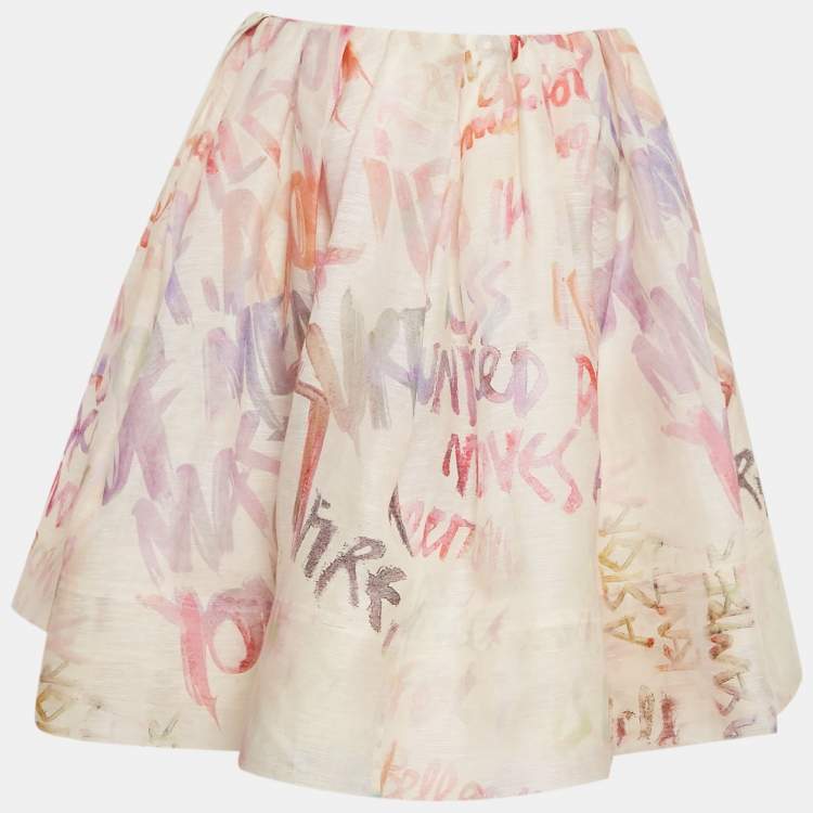 Pre Owned Zimmermann Cream/Multicolor Logo Print Linen and Silk Flared Mini Skirt M