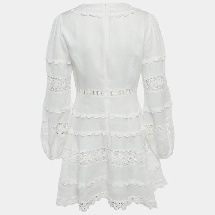 Pre Owned Zimmermann White Linen Lace Trimmed Castile Plunge Neck Mini Dress M