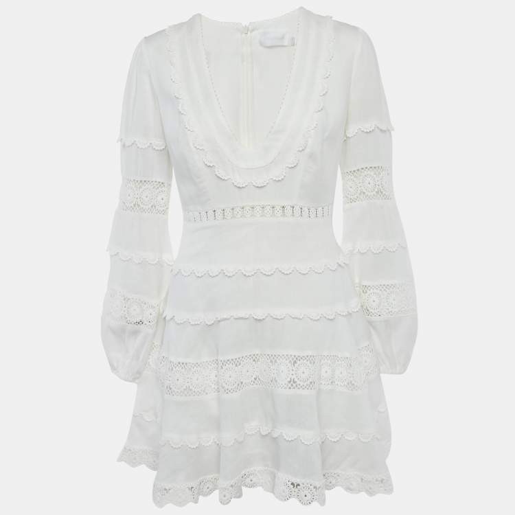 Pre Owned Zimmermann White Linen Lace Trimmed Castile Plunge Neck Mini Dress M
