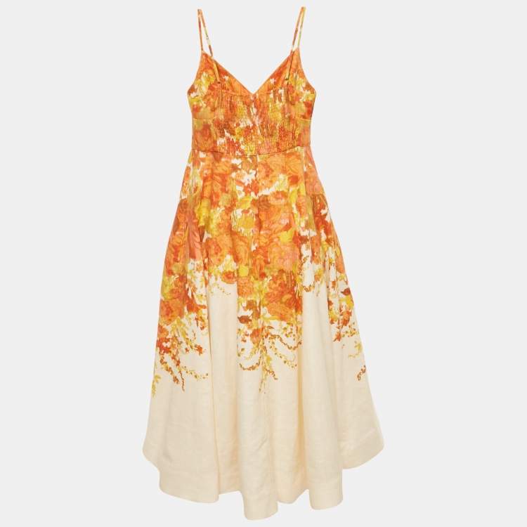 Pre Owned Zimmermann  Beige Floral Print Linen High Tide Midi Dress M