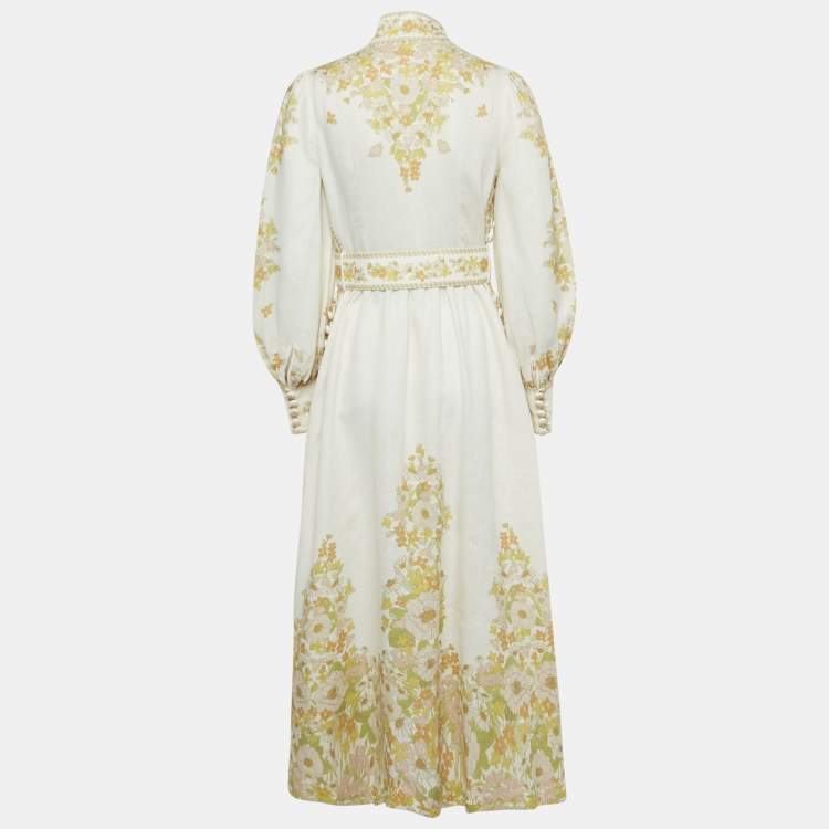Pre Owned Zimmermann White Floral Print Linen Belted Maxi Dress M