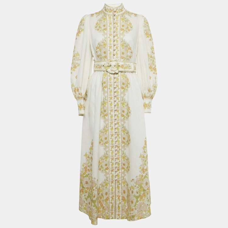 Pre Owned Zimmermann White Floral Print Linen Belted Maxi Dress M