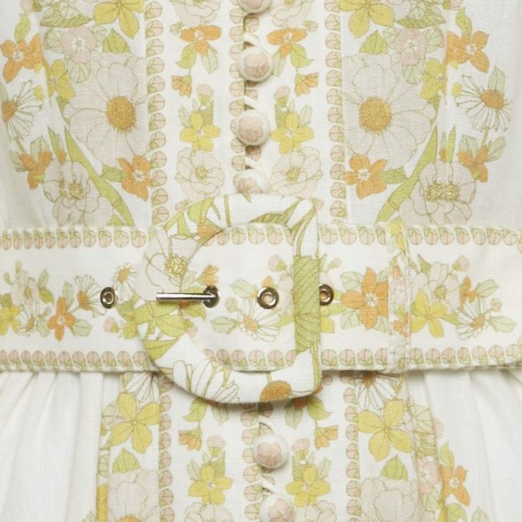 Pre Owned Zimmermann White Floral Print Linen Belted Maxi Dress M