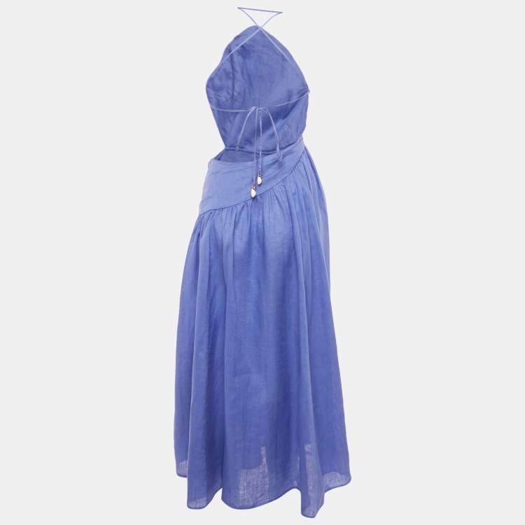 Pre Owned Zimmermann Purple Linen Open Back Asymmetric Cut-Out Midi Dress S