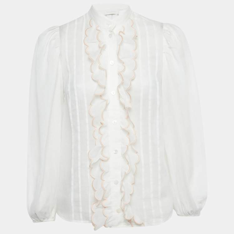 Pre Owned Zimmermann White Ramie Scallop Frill Detail Jude Shirt S 