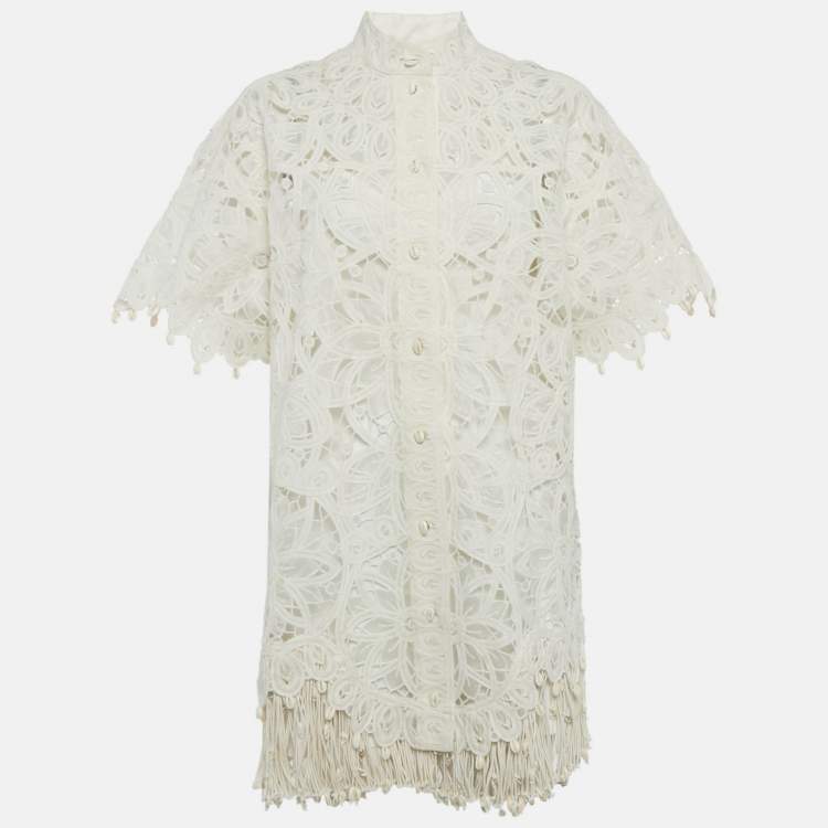 Pre Owned Zimmermann White Silk Lace Cut -Out Wavelength Shirt Dress M