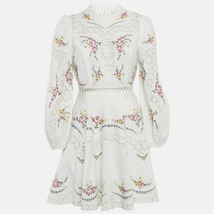 Pre Owned Zimmermann White Embroidered Lace Trim Linen & Cotton Allia Mini Dress M