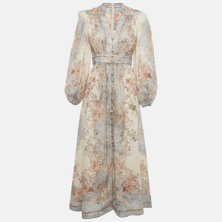 Pre Owned Zimmermann Beige /Blue Printed Linen Plunge August Midi Dress M