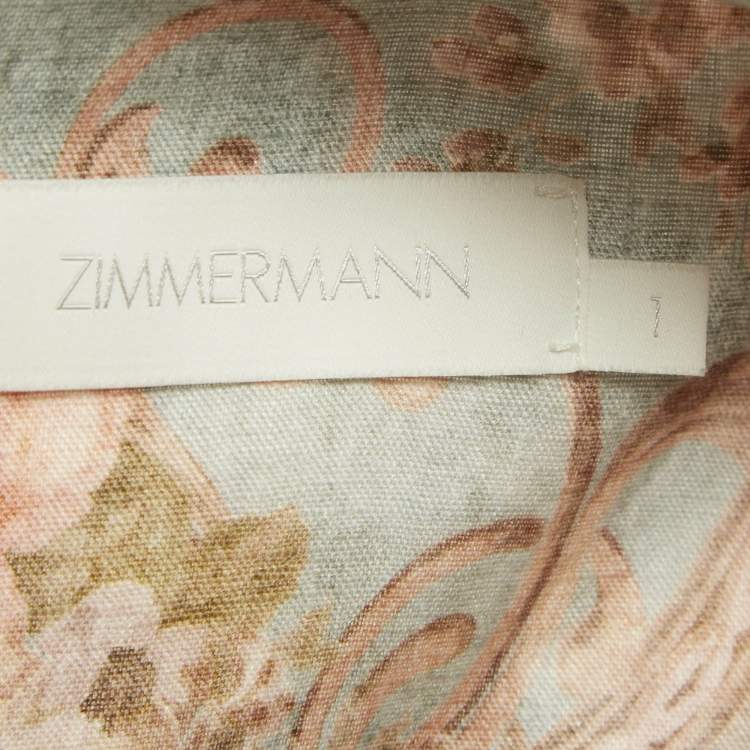 Pre Owned Zimmermann Beige /Blue Printed Linen Plunge August Midi Dress M