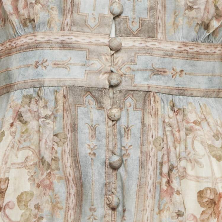 Pre Owned Zimmermann Beige /Blue Printed Linen Plunge August Midi Dress M