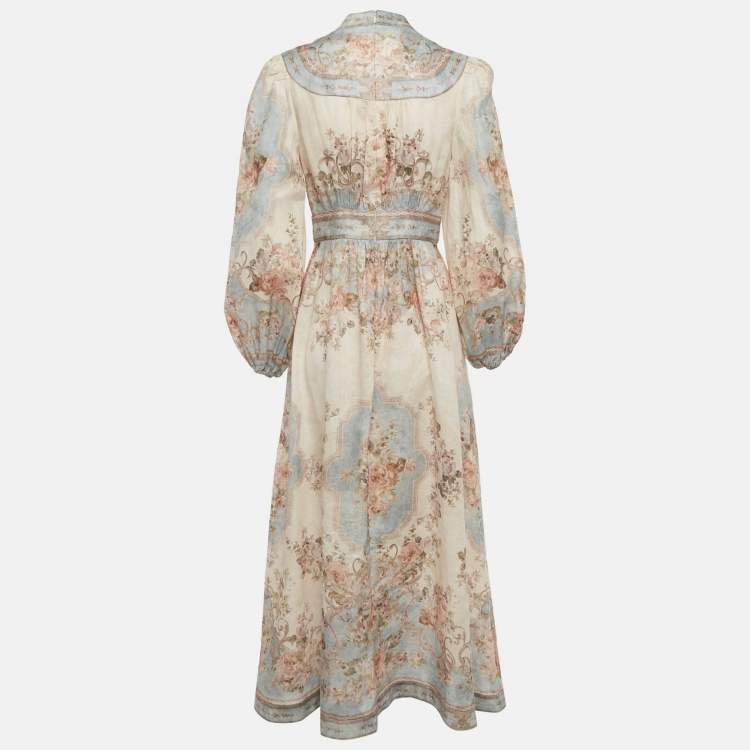 Pre Owned Zimmermann Beige /Blue Printed Linen Plunge August Midi Dress M
