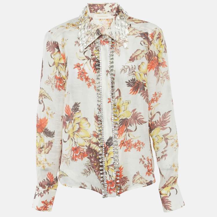 Pre Owned Zimmermann Beige Floral Print Embellished Linen & Silk Matchmaker Shirt L