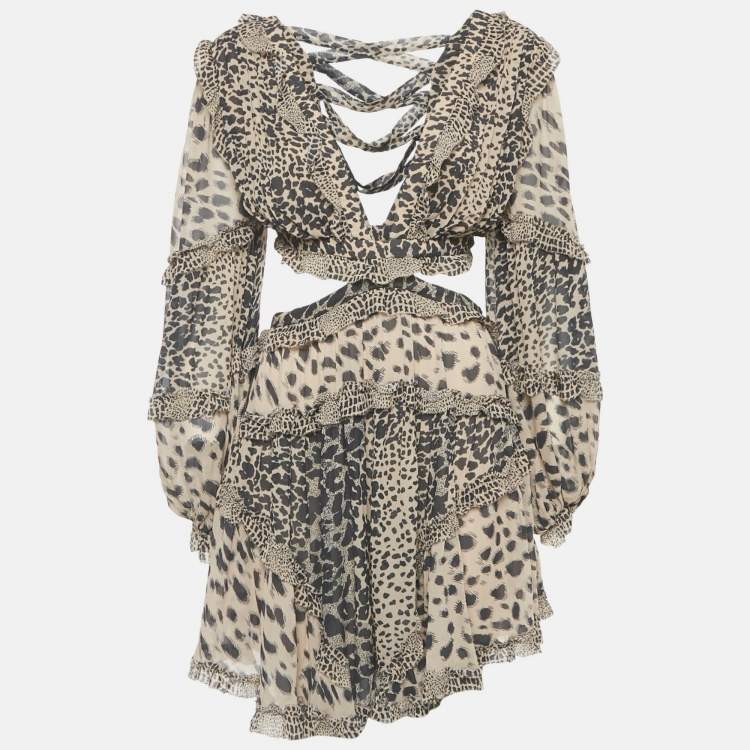 Pre Owned Zimmermann Beige Chiffon Leopard Print Cut-Out Mini Dress M