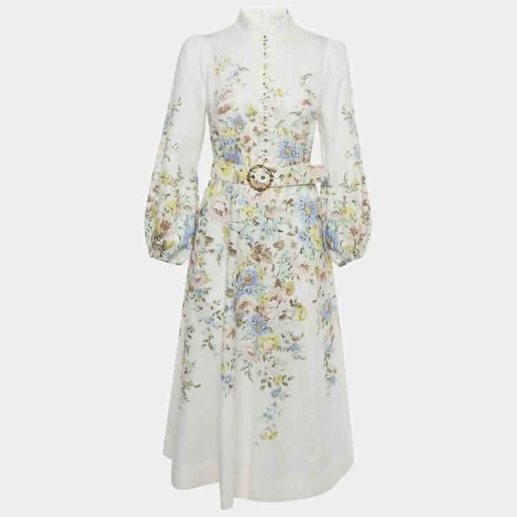 Pre Owned Zimmermann White Floral Print Linen Matchmaker Midi Dress M