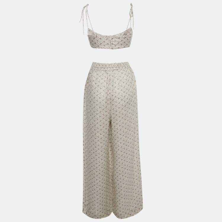 Pre Owned Zimmermann Off White Floral Print Linen Crop Top & Pants Set M 