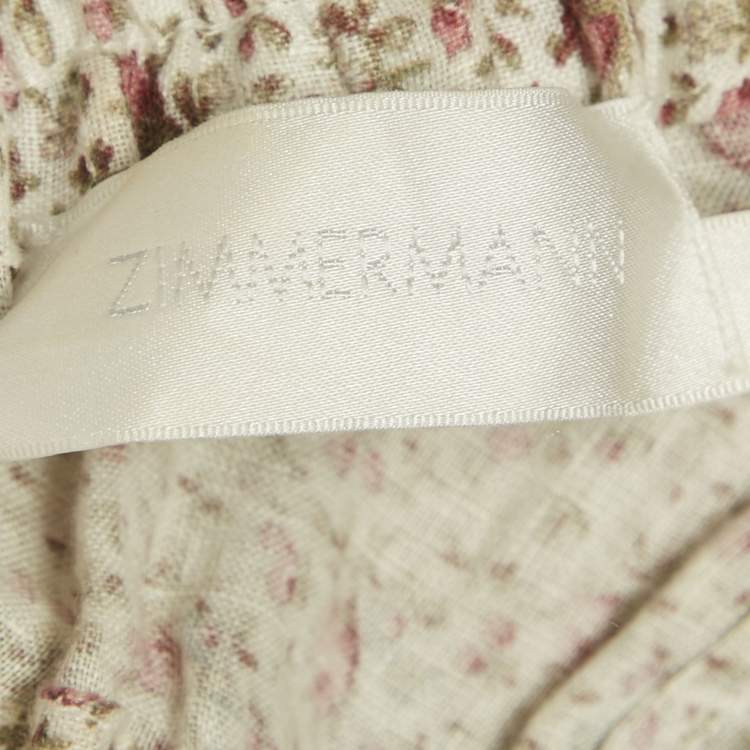 Pre Owned Zimmermann Off White Floral Print Linen Crop Top & Pants Set M 