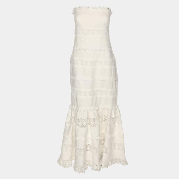 Pre Owned Zimmermann White Linen Lace Panel Tube Midi Dress S