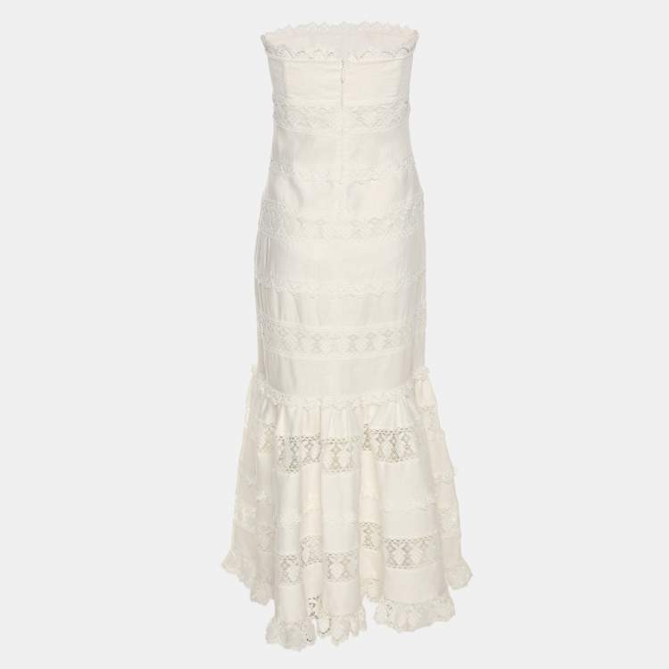 Pre Owned Zimmermann White Linen Lace Panel Tube Midi Dress S