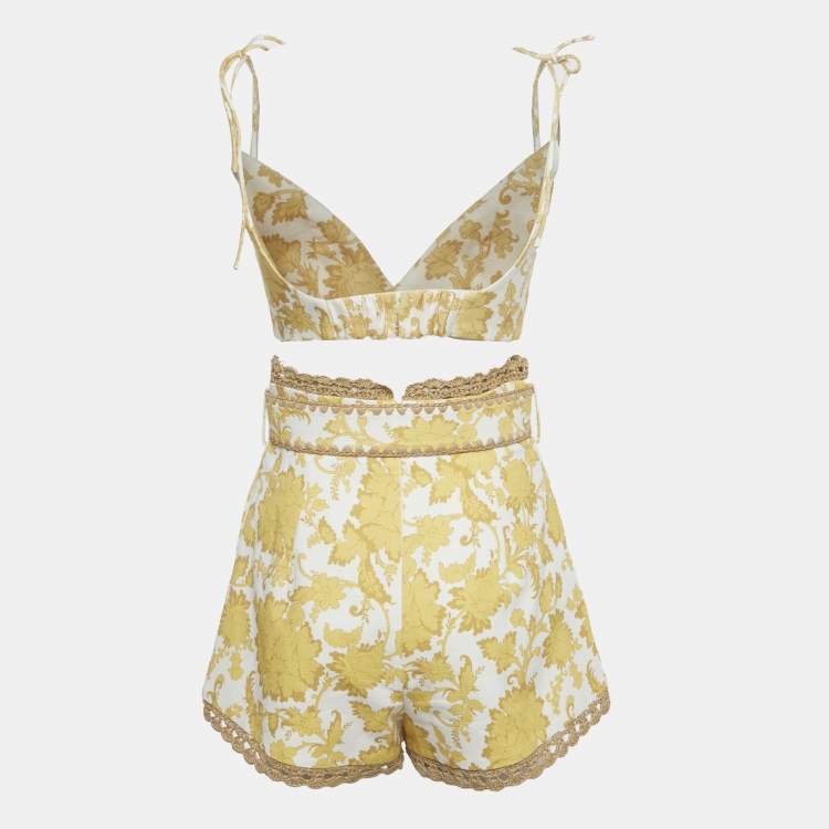 Pre Owned Zimmermann Yellow Printed Cotton Bralette & Shorts Set S