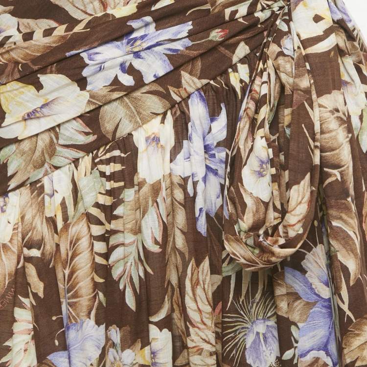 Pre Owned Zimmermann Brown Floral Print Cotton Coco Bow Crop Top &Skirt Set S