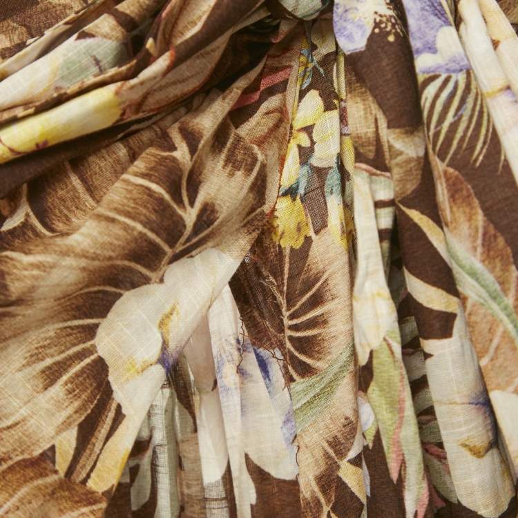 Pre Owned Zimmermann Brown Floral Print Cotton Coco Bow Crop Top &Skirt Set S