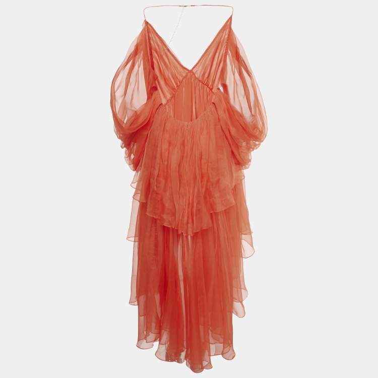 Pre Owned Zimmermann Red Silk Organza Natura High-Low Tiered Dress M
