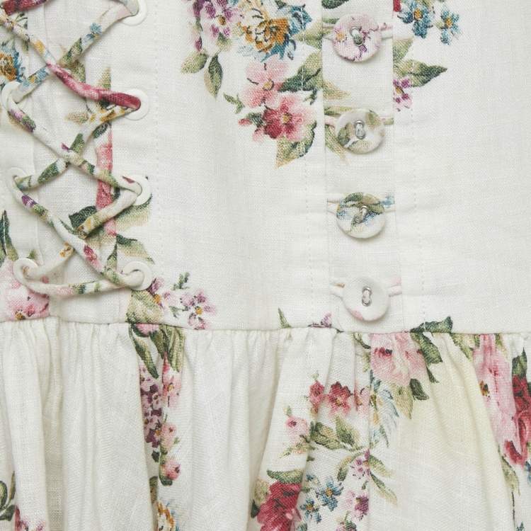 Pre Owned Zimmermann White Rose Print Linen Lace-Up Mini Dress M