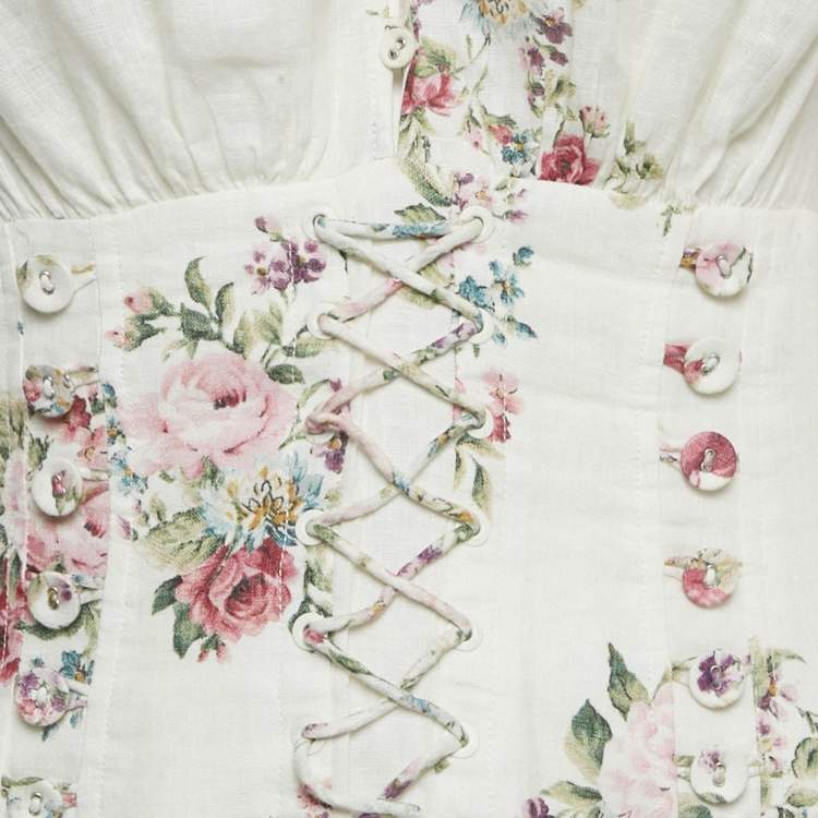 Pre Owned Zimmermann White Rose Print Linen Lace-Up Mini Dress M