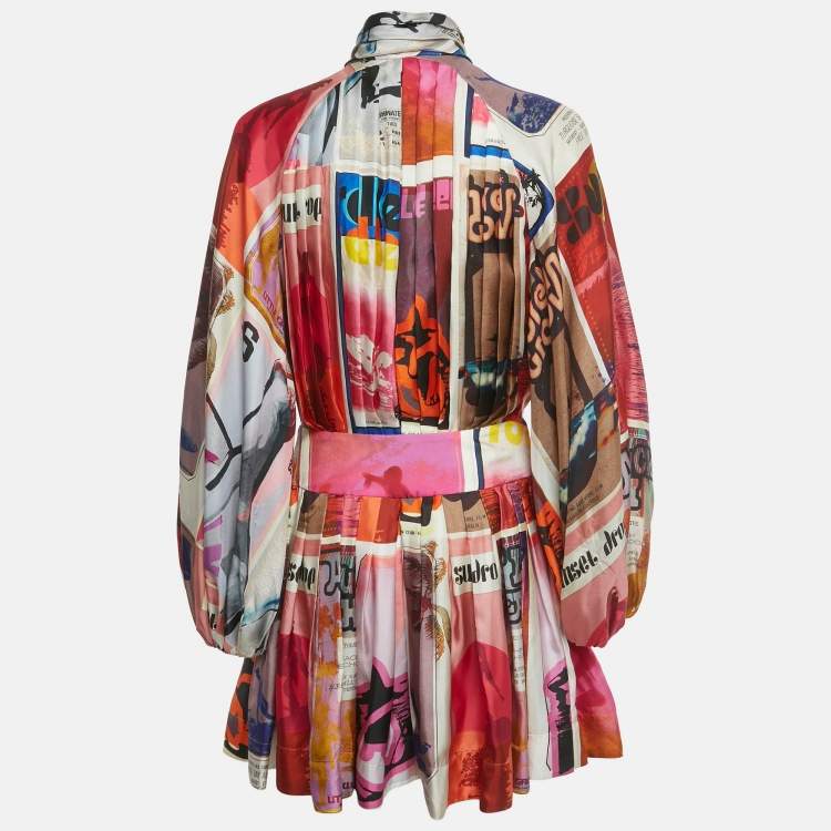 Pre Owned Zimmermann Multicolor Poster Print Silk Wavelength Pleated Mini Dress M