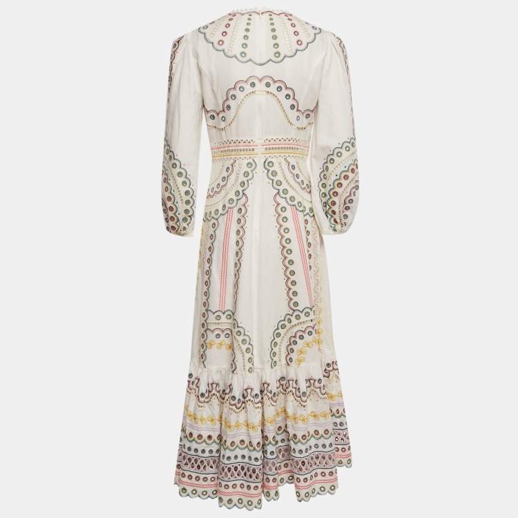 Pre Owned Zimmermann White Broderie Anglaise Linen Blend Maxi Dress M