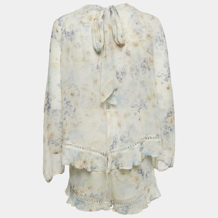 Pre Owned Zimmermann Cream Floral Print Silk Ruffled Playsuit S