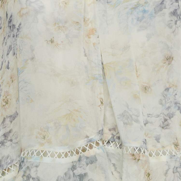 Pre Owned Zimmermann Cream Floral Print Silk Ruffled Playsuit S