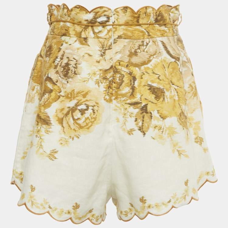 Pre Owned Zimmermann Yellow Floral Print Linen Aliane Scallop Shorts M