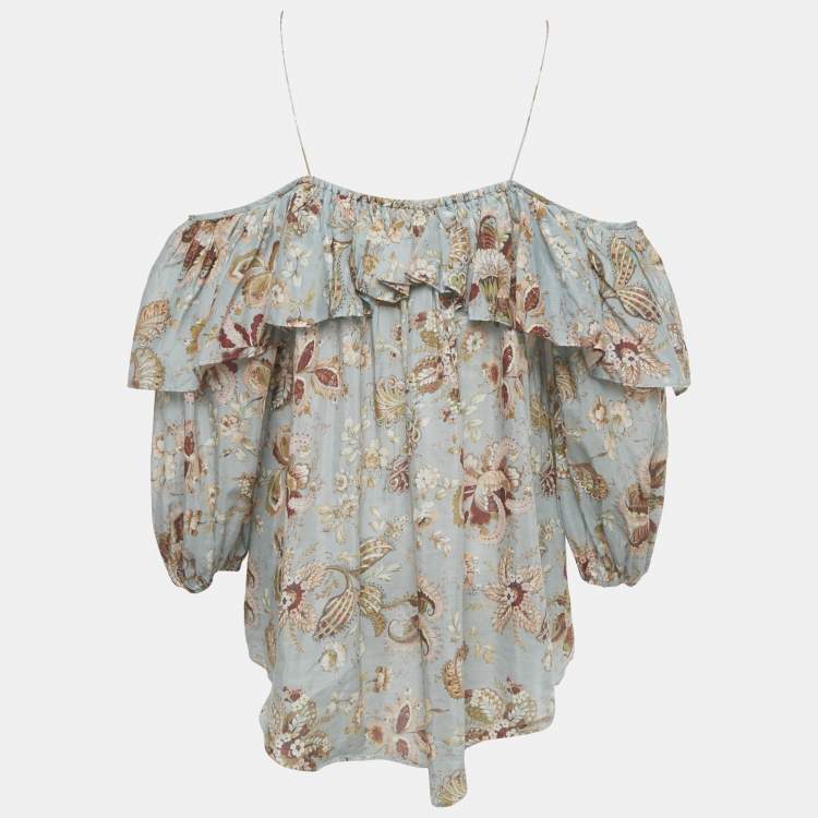 Pre Owned Zimmermann Blue Floral Print Cotton Ruffled Blouse S