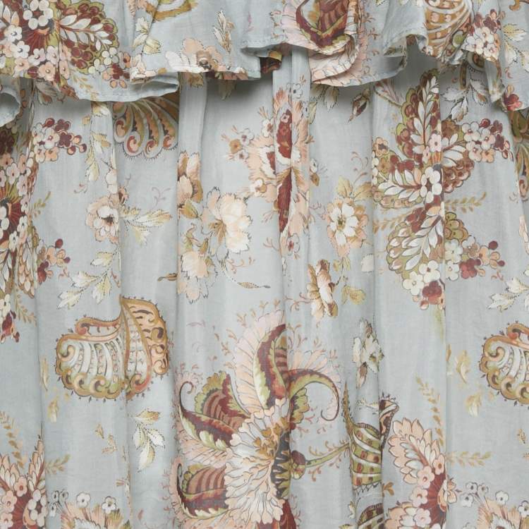 Pre Owned Zimmermann Blue Floral Print Cotton Ruffled Blouse S