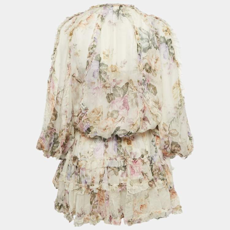 Pre Owned Zimmermann Beige Floral Print Silk Tiered Mini Dress S