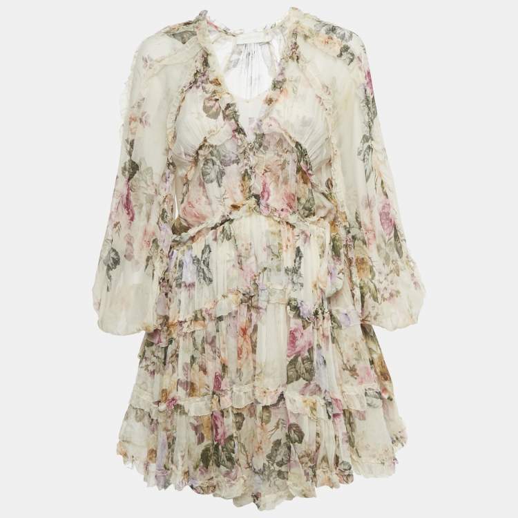 Pre Owned Zimmermann Beige Floral Print Silk Tiered Mini Dress S