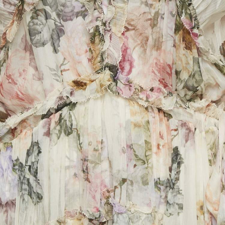 Pre Owned Zimmermann Beige Floral Print Silk Tiered Mini Dress S