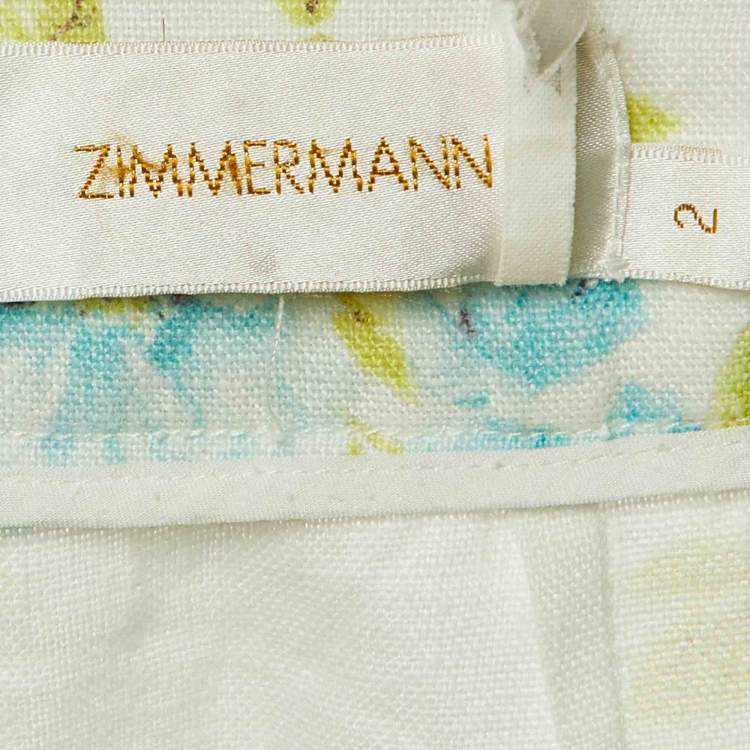 Pre Owned Zimmermann White Floral Print Linen Whitewave Pleated Shorts M