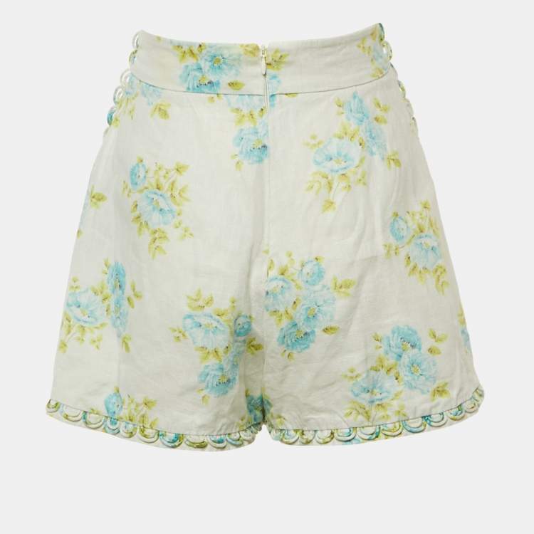 Pre Owned Zimmermann White Floral Print Linen Whitewave Pleated Shorts M