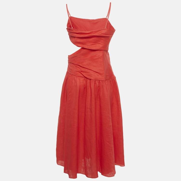 Pre Owned Zimmermann Red Linen Cut Out Midi Dress L