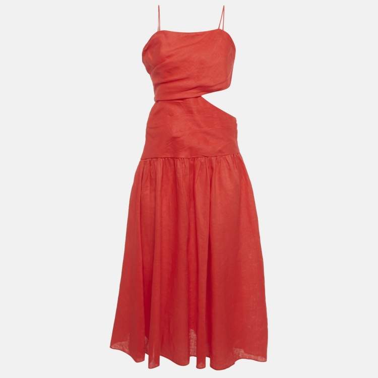 Pre Owned Zimmermann Red Linen Cut Out Midi Dress L